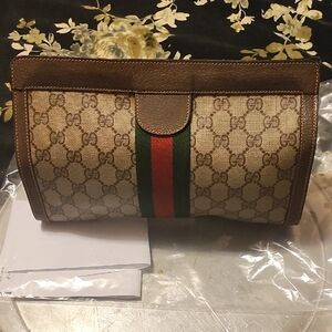 Vintage Gucci Sherry Line Beige and Brown GG Monogram Clutch